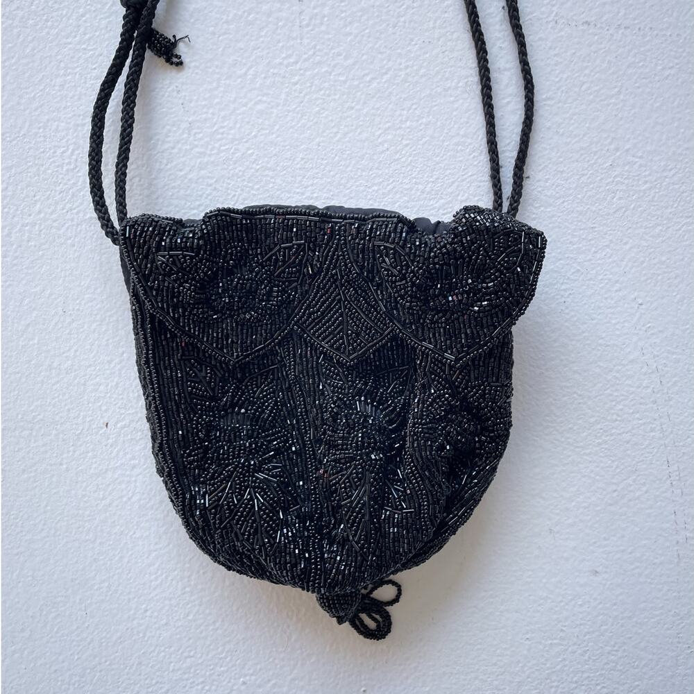Y2K Black Beaded Small Purse Satchel Bag / Drawstring / Boho Whimsigoth Fairy